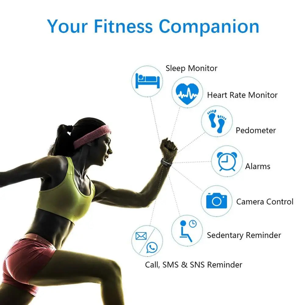 Pulseira Desportiva Inteligente - Pedómetro, Frequência Cardíaca, Pressão Arterial, Fitness, Rastreador, Bluetooth, Smartwatch