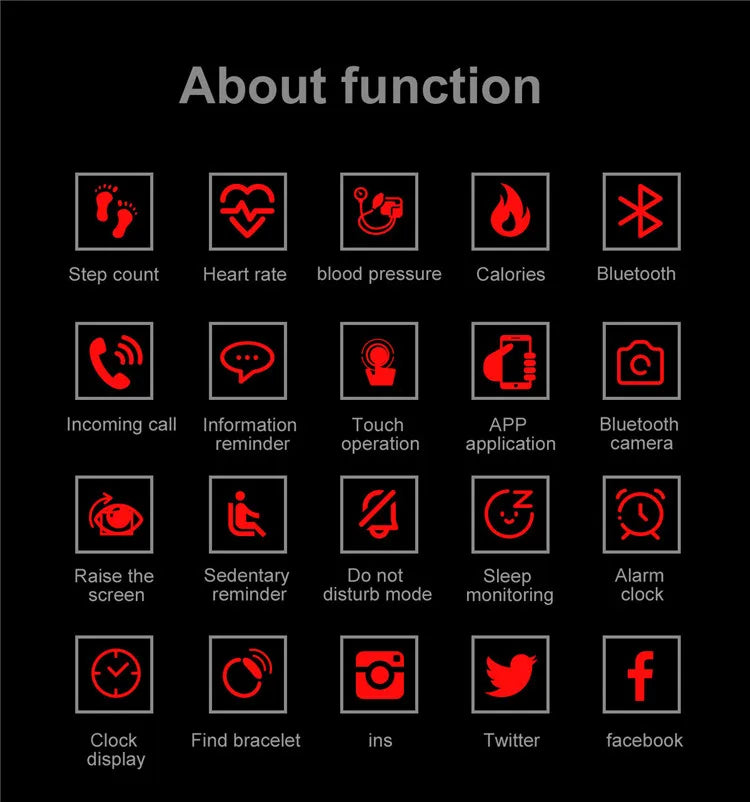 Pulseira Desportiva Inteligente - Pedómetro, Frequência Cardíaca, Pressão Arterial, Fitness, Rastreador, Bluetooth, Smartwatch