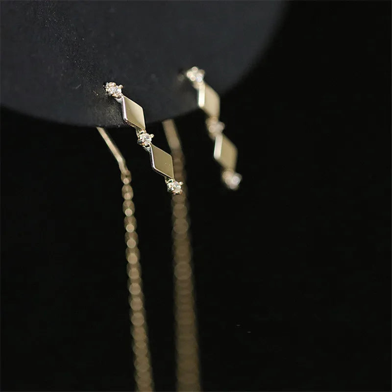 Brincos de linha prata 925 esterlina 14k chapeamento de ouro, cristal incrustado francês, diamante borla