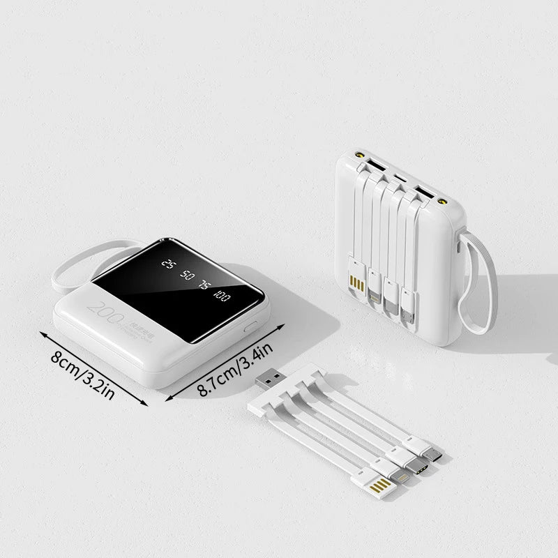 Mini Power Bank 20000mAh com Cabos Embutidos, Display Digital e Luz LED