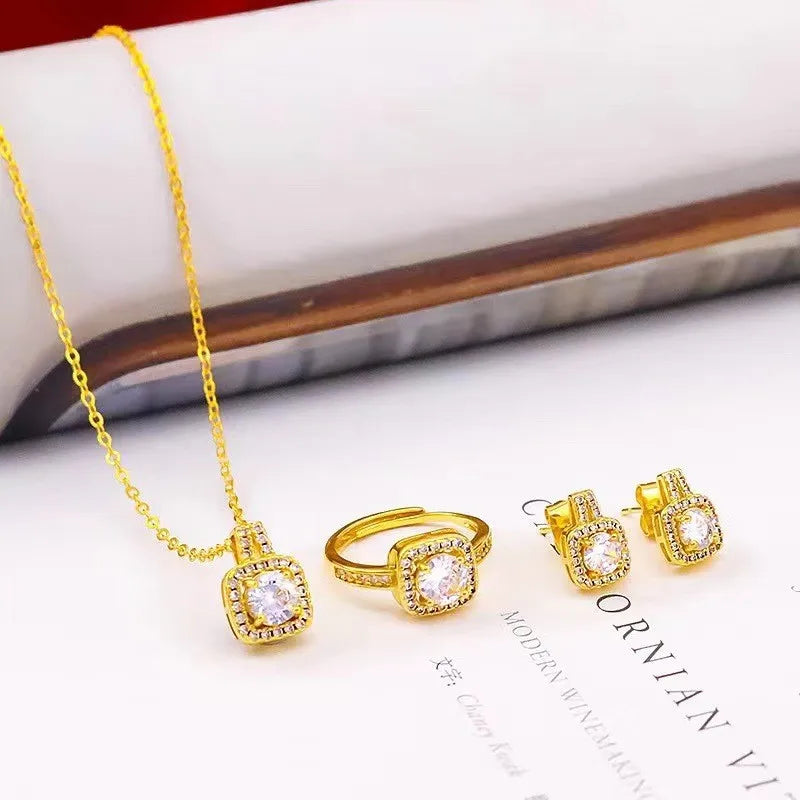 Conjunto de luxo zircão quadrado - colar, brincos, anel de jóia