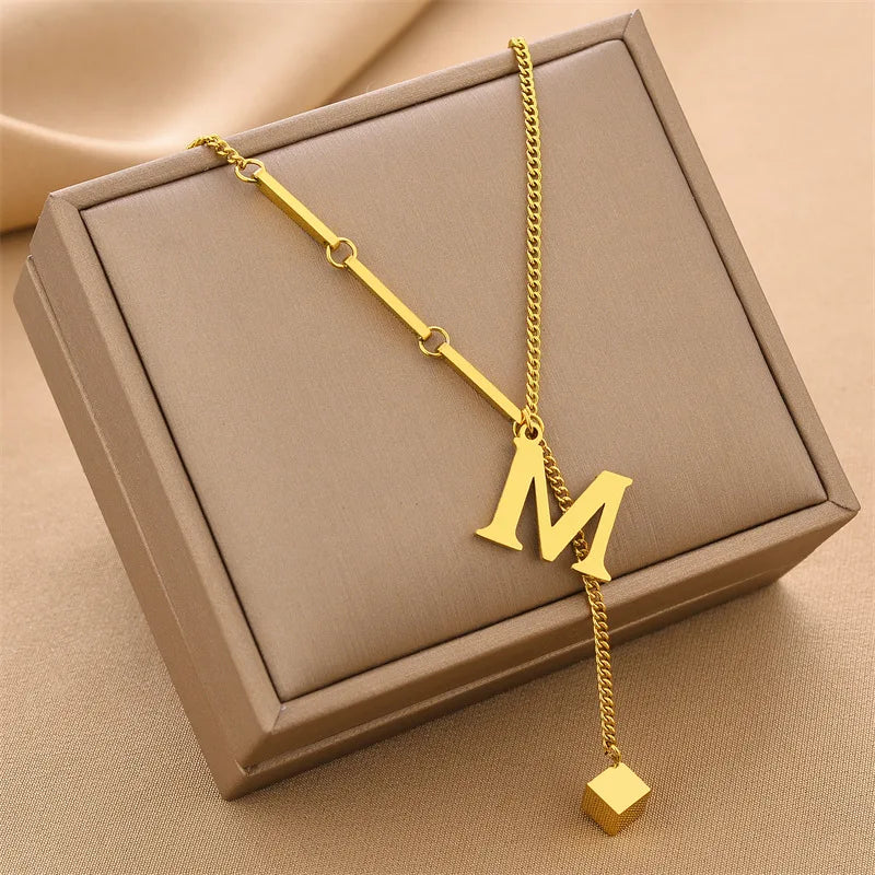 Colar de pingente de letra inicial de aço inoxidável cor dourada - corrente A-Z alfabeto 45cm