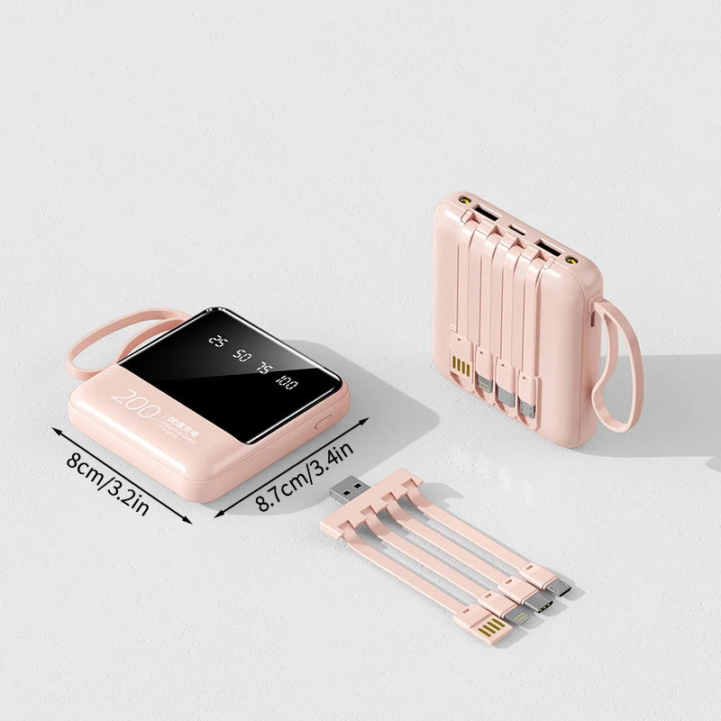 Mini Power Bank 20000mAh com Cabos Embutidos, Display Digital e Luz LED