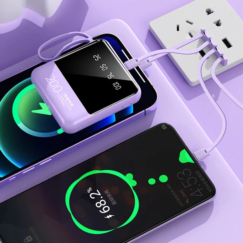 Mini Power Bank 20000mAh com Cabos Embutidos, Display Digital e Luz LED