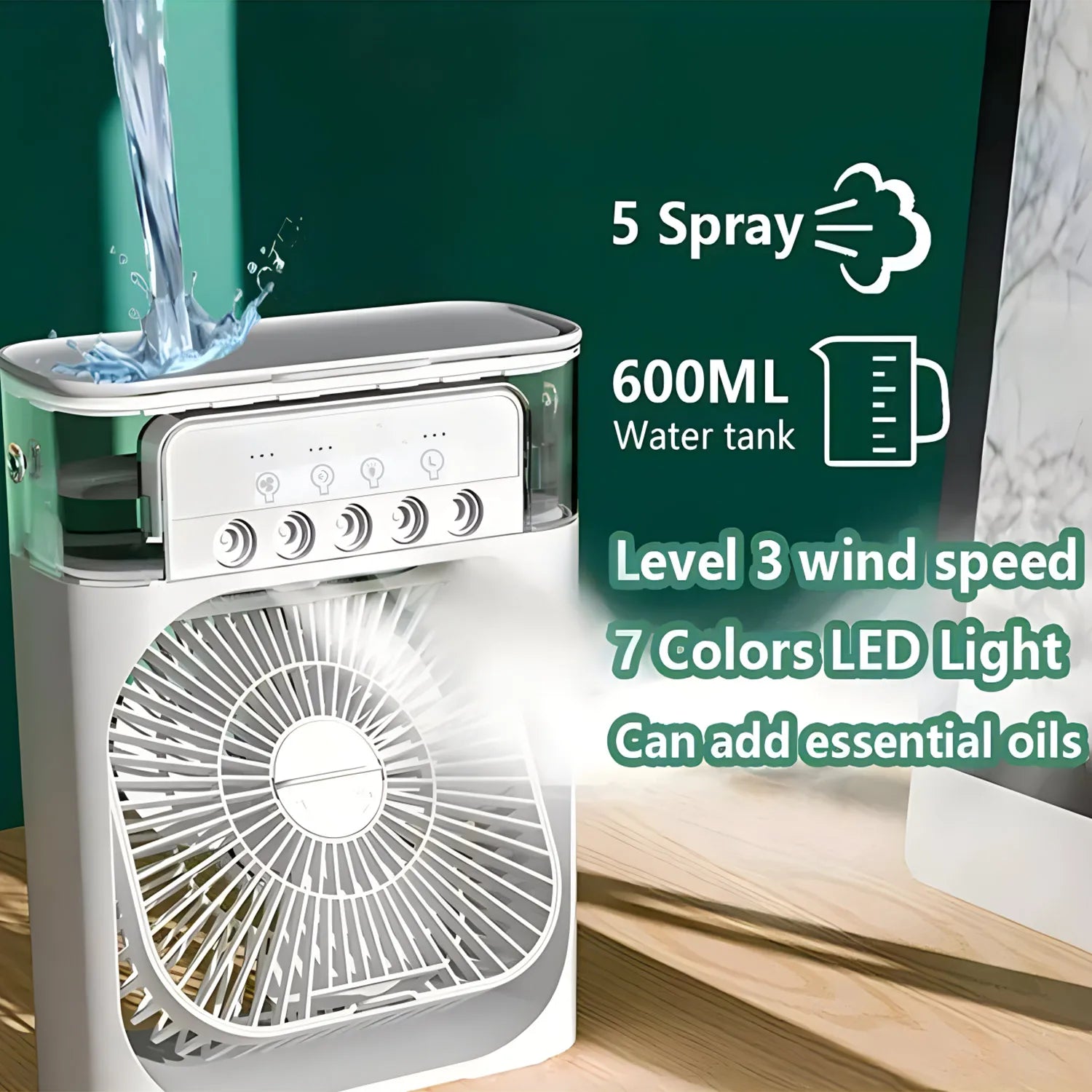 Ar Condicionado 3 em 1, Portátil com luz noturna LED, ventilador e umidificador
