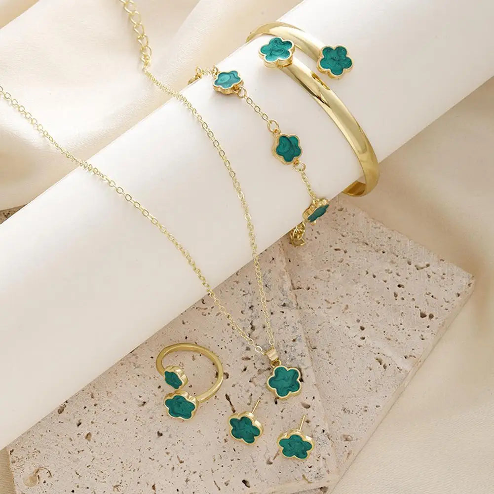 5 peças/set conjuntos de jóias - flor, ameixa, planta cinco folhas - brincos, anéis, pulseira, colar