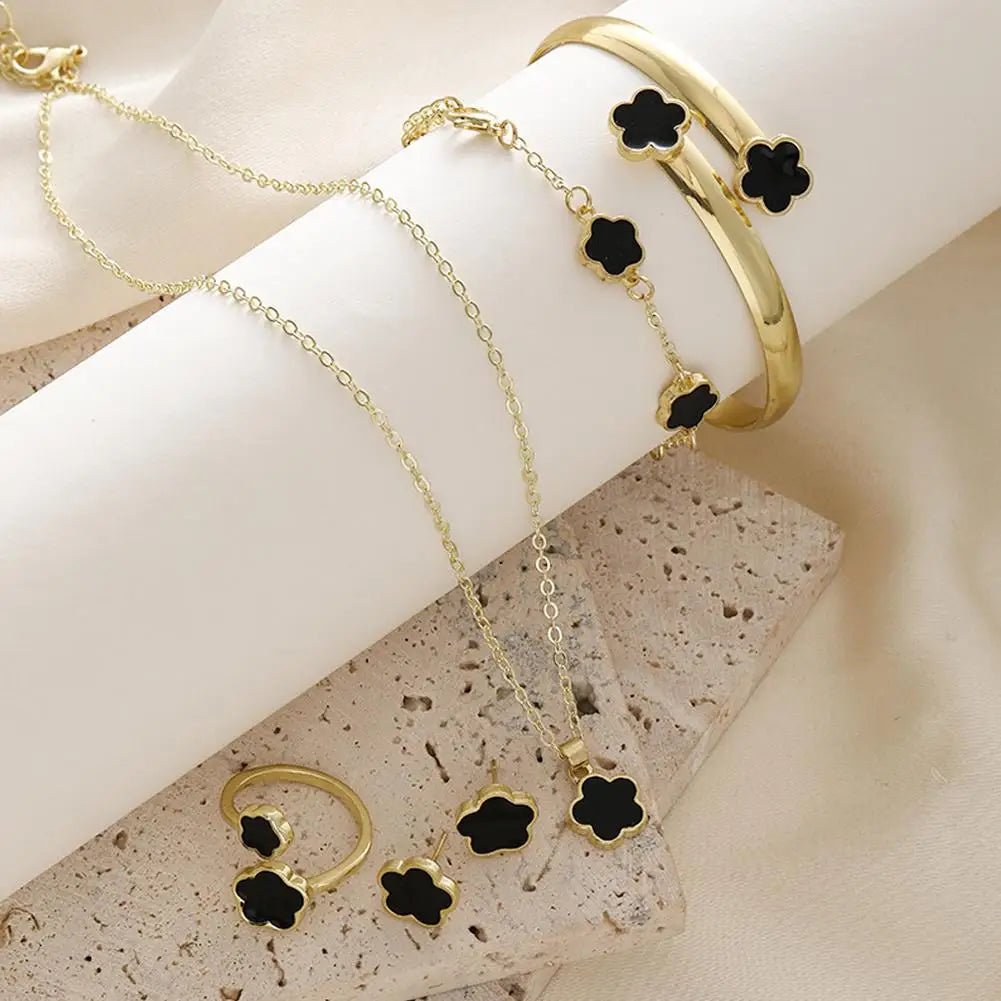 5 peças/set conjuntos de jóias - flor, ameixa, planta cinco folhas - brincos, anéis, pulseira, colar