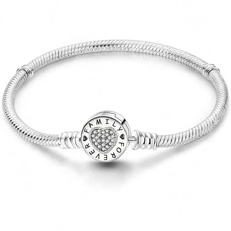 925 Sterling Silver Zircon Simple Round Love Heart Bracelet DIY Bead Making Fit Original Pandora Bracelets Fine Jewelry Gift