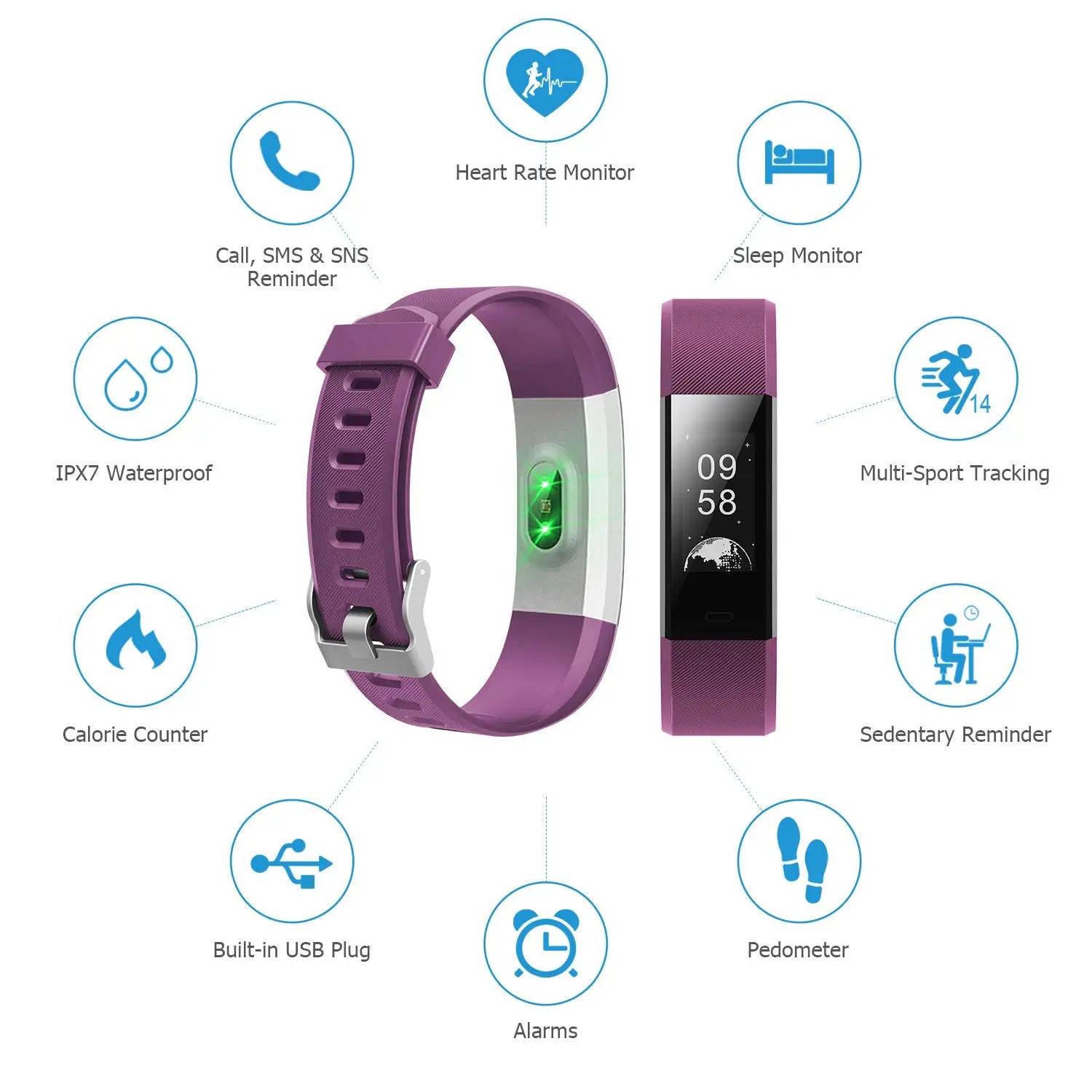 Pulseira Desportiva Inteligente - Pedómetro, Frequência Cardíaca, Pressão Arterial, Fitness,  Rastreador, Bluetooth, Smartwatch