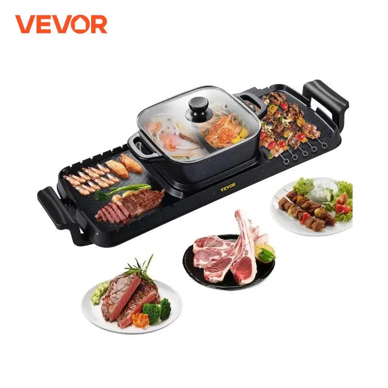 VEVOR 2-1 Churrasqueira Elétrica 2400W Multifuncional Portátil Antiaderente e Sem Combustão Destacável Placa de Churrasco
