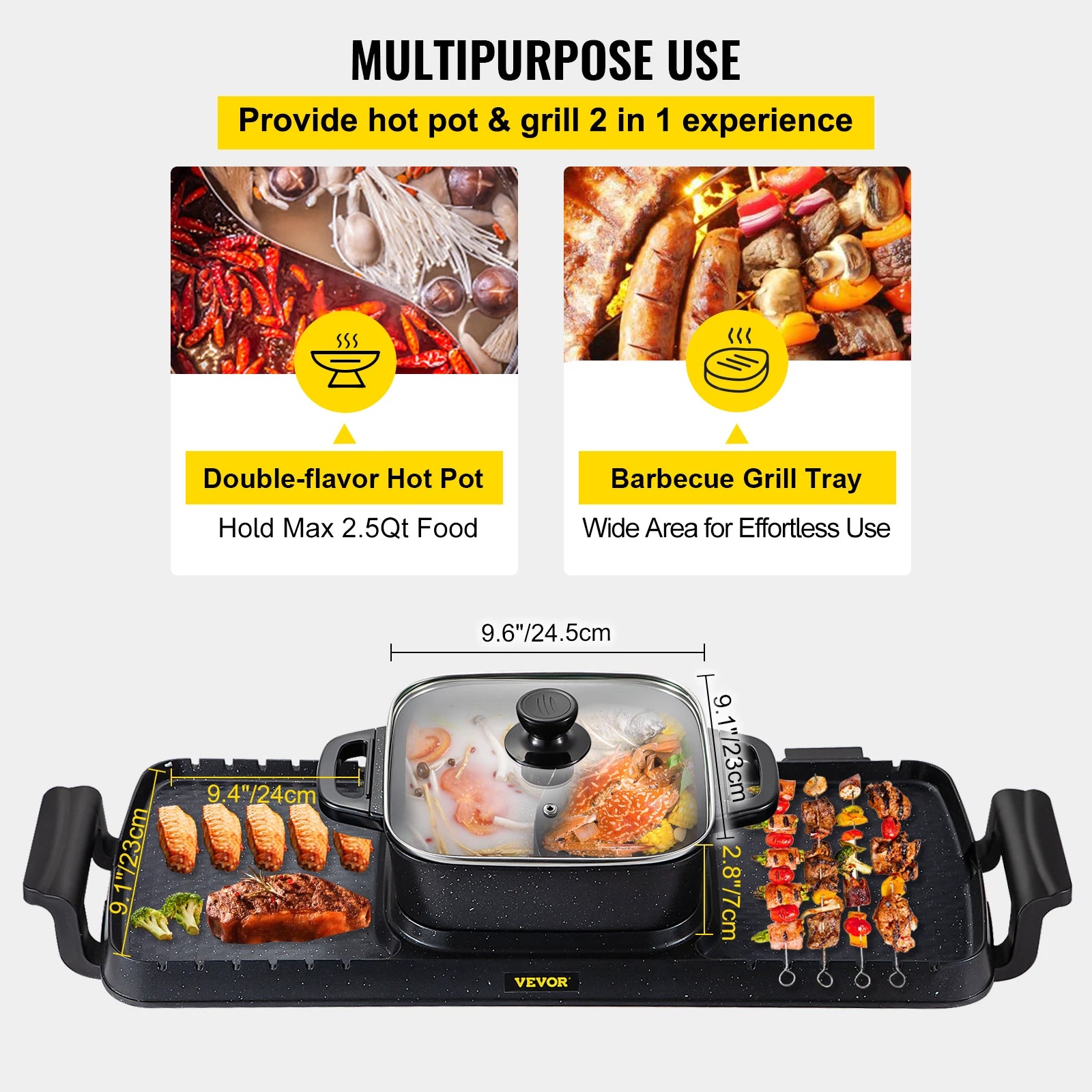 VEVOR 2-1 Churrasqueira Elétrica 2400W Multifuncional Portátil Antiaderente e Sem Combustão Destacável Placa de Churrasco