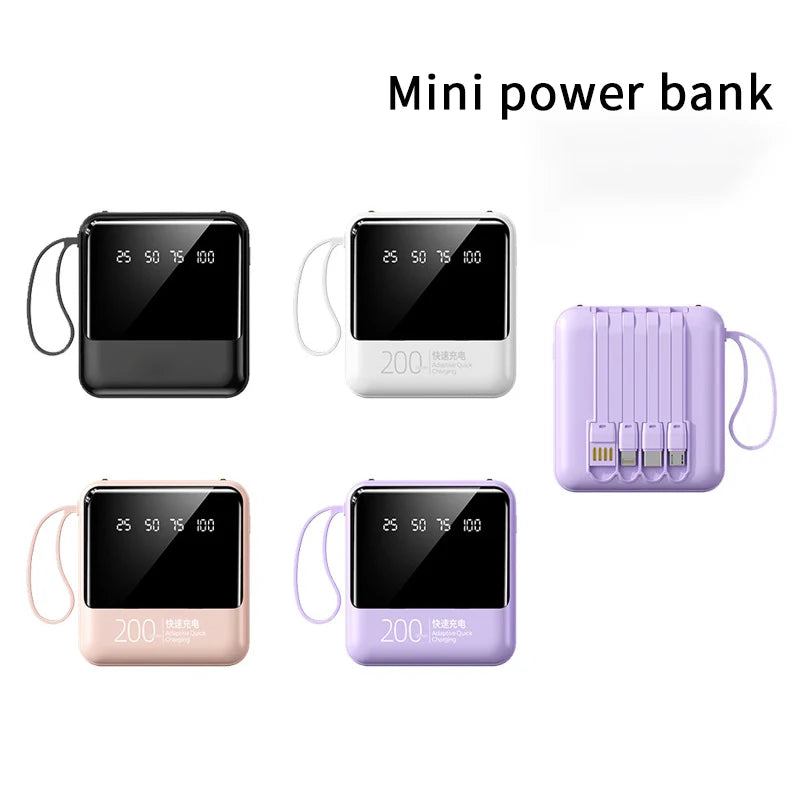 Mini Power Bank 20000mAh com Cabos Embutidos, Display Digital e Luz LED
