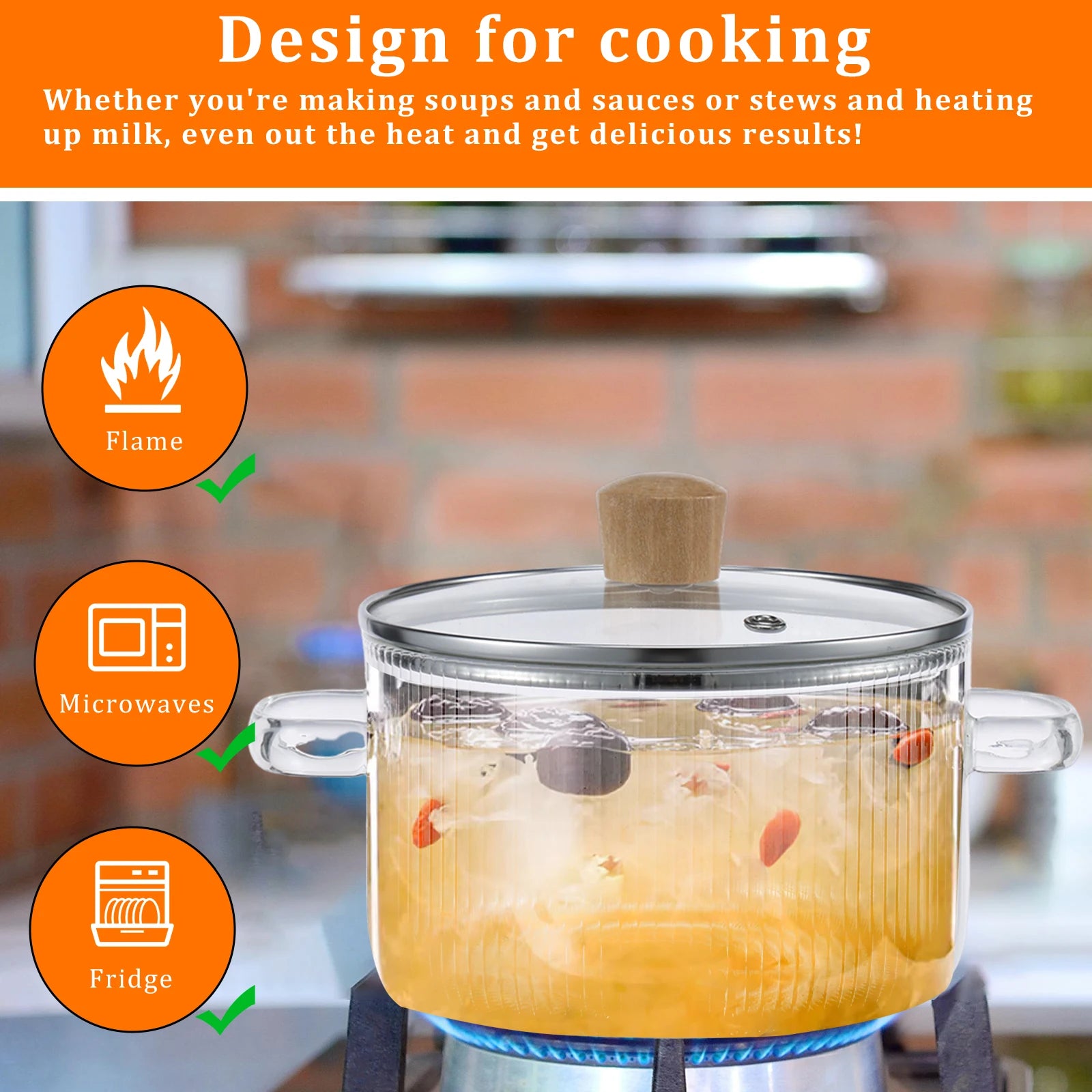Panela de vidro Panela de cozinha clara com tampa 1.6L Panela de sopa de vidro resistente ao calor Dual Handles Panela de vidro Ferramentas de cozinha de cozinha