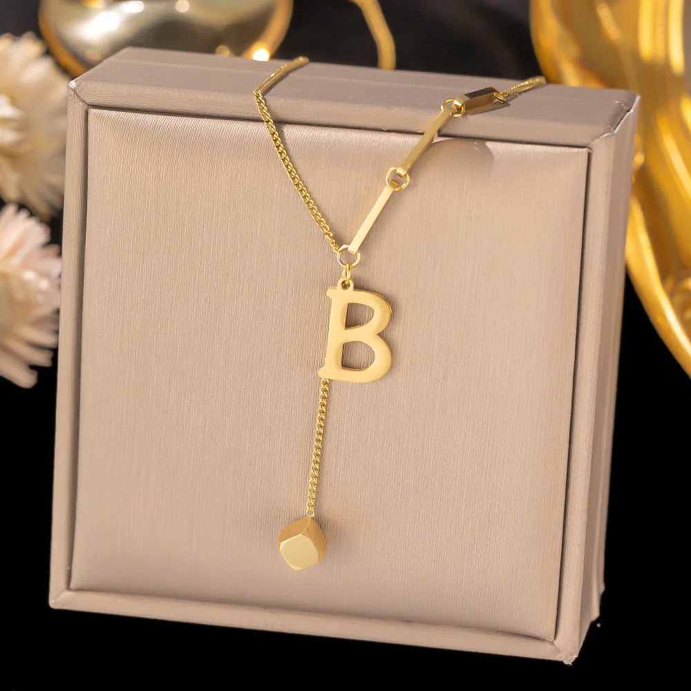 Colar de pingente de letra inicial de aço inoxidável cor dourada - corrente A-Z alfabeto 45cm