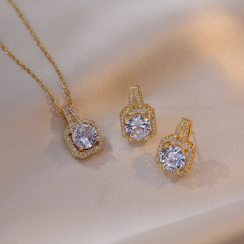 Conjunto de luxo zircão quadrado - colar, brincos, anel de jóia