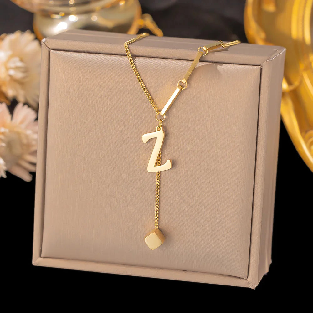 Colar de pingente de letra inicial de aço inoxidável cor dourada - corrente A-Z alfabeto 45cm