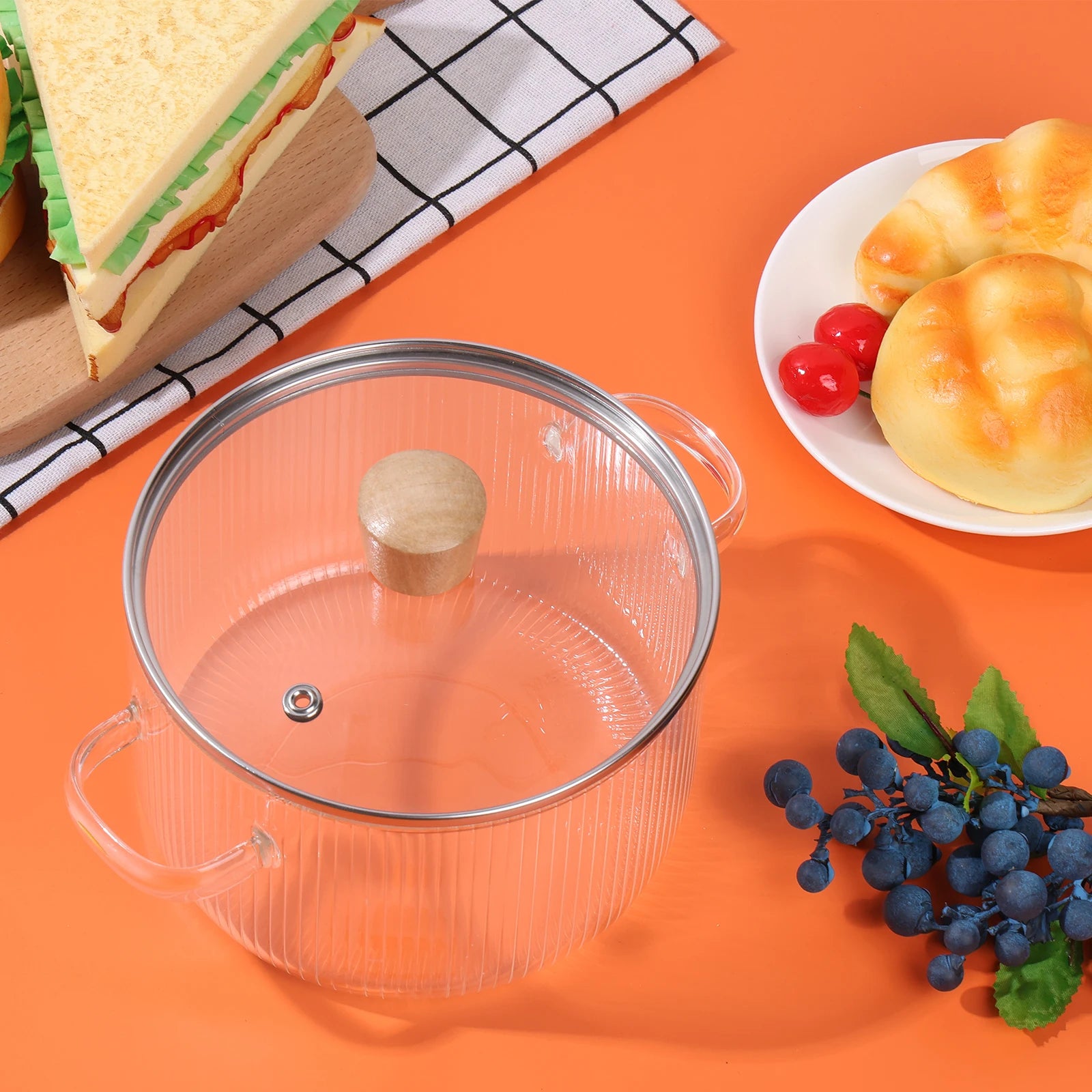 Panela de vidro Panela de cozinha clara com tampa 1.6L Panela de sopa de vidro resistente ao calor Dual Handles Panela de vidro Ferramentas de cozinha de cozinha