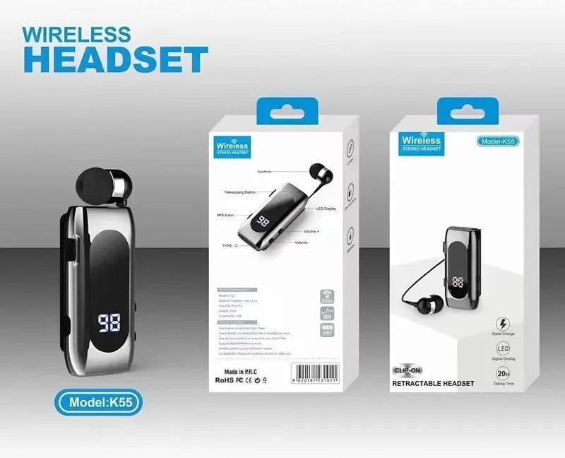 Fone de Ouvido Bluetooth K55 Lavalier – 20h de Bateria, Display LED, Microfone e Cancelamento de Ruído
