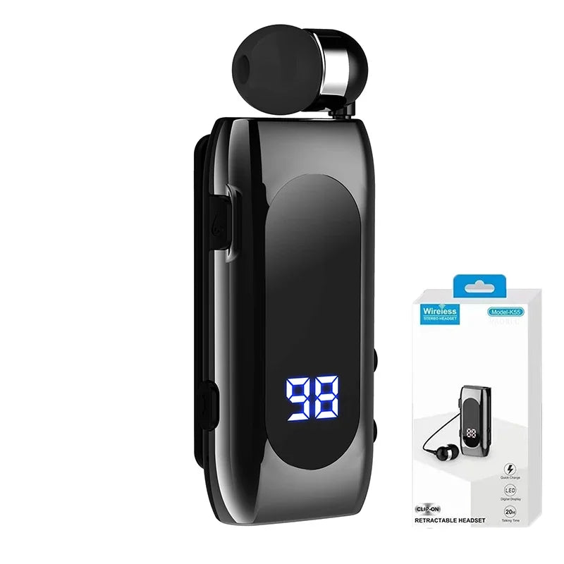 Fone de Ouvido Bluetooth K55 Lavalier – 20h de Bateria, Display LED, Microfone e Cancelamento de Ruído