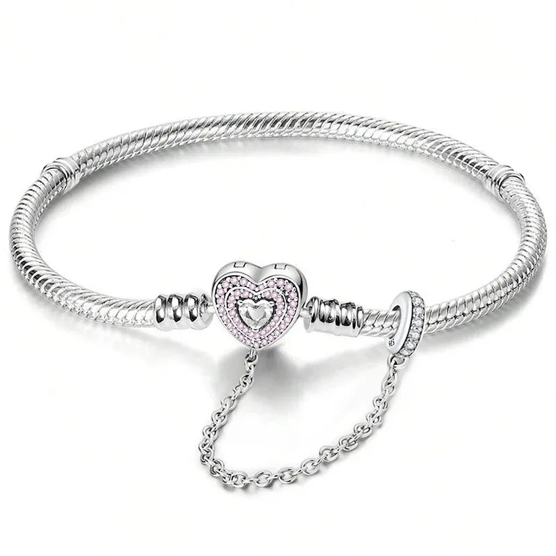 925 Sterling Silver Zircon Simple Round Love Heart Bracelet DIY Bead Making Fit Original Pandora Bracelets Fine Jewelry Gift