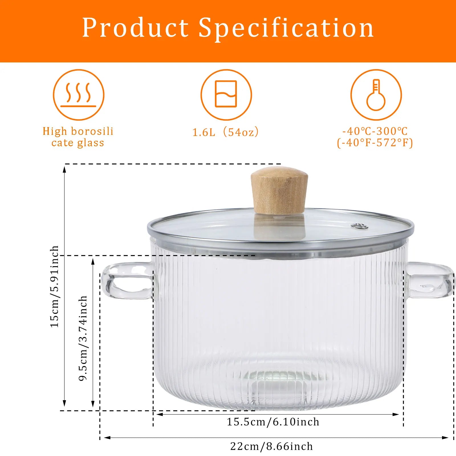 Panela de vidro Panela de cozinha clara com tampa 1.6L Panela de sopa de vidro resistente ao calor Dual Handles Panela de vidro Ferramentas de cozinha de cozinha