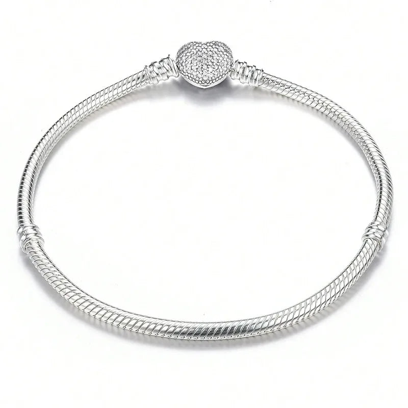 925 Sterling Silver Zircon Simple Round Love Heart Bracelet DIY Bead Making Fit Original Pandora Bracelets Fine Jewelry Gift