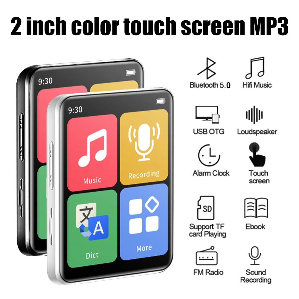 Reprodutor de mp3 portátil com tela de 2 polegadas, reprodutor de música com tela sensível ao toque BT 5.0 com alto-falantes e suporte para gravação de rádio FM e-book