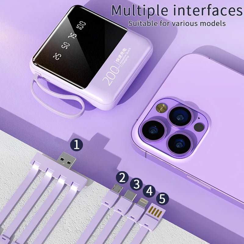 Mini Power Bank 20000mAh com Cabos Embutidos, Display Digital e Luz LED