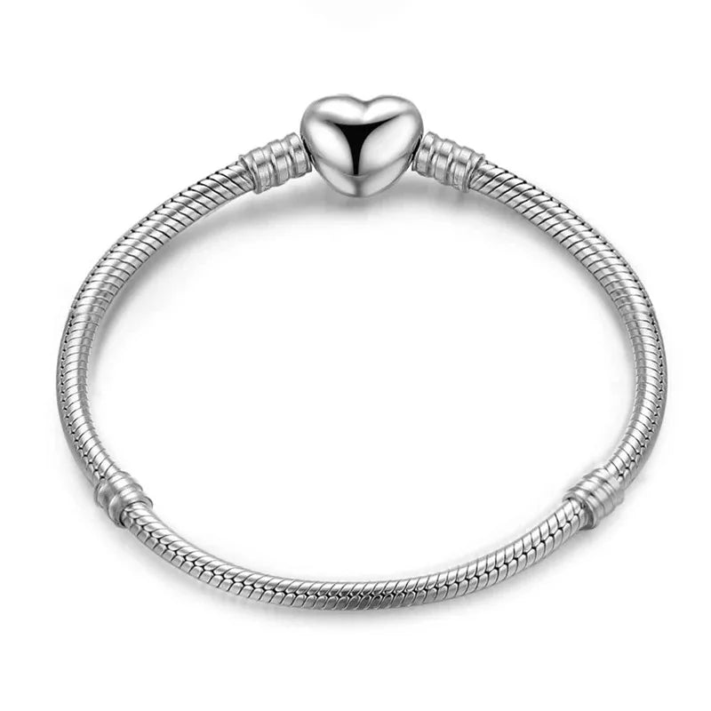 925 Sterling Silver Zircon Simple Round Love Heart Bracelet DIY Bead Making Fit Original Pandora Bracelets Fine Jewelry Gift