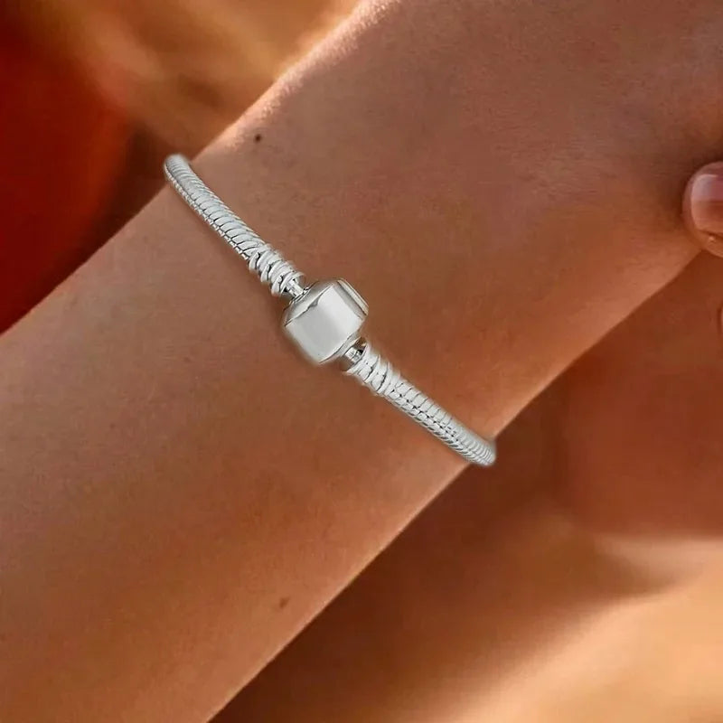 925 Sterling Silver Zircon Simple Round Love Heart Bracelet DIY Bead Making Fit Original Pandora Bracelets Fine Jewelry Gift