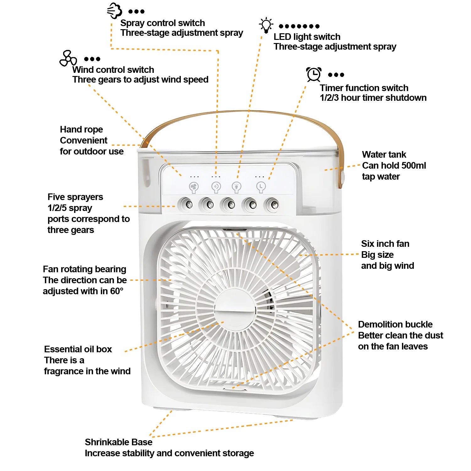 Ar Condicionado 3 em 1, Portátil com luz noturna LED, ventilador e umidificador