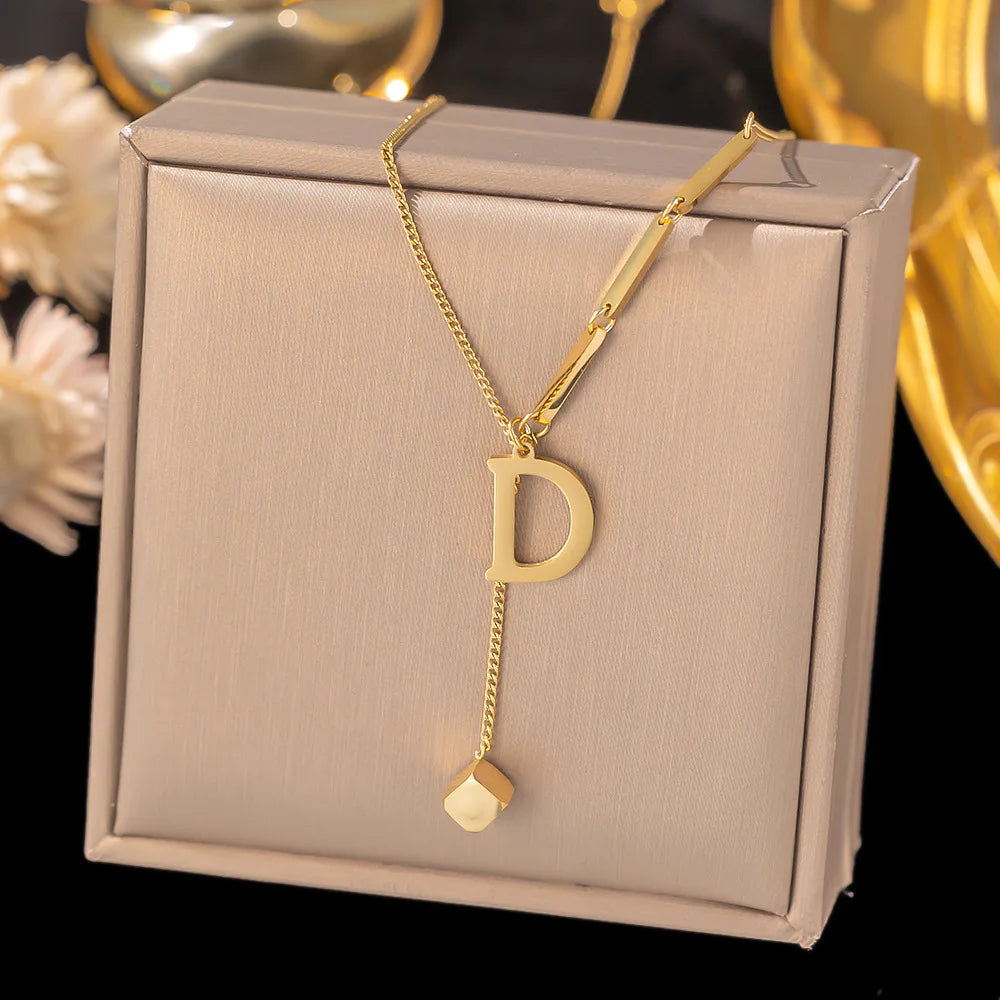 Colar de pingente de letra inicial de aço inoxidável cor dourada - corrente A-Z alfabeto 45cm