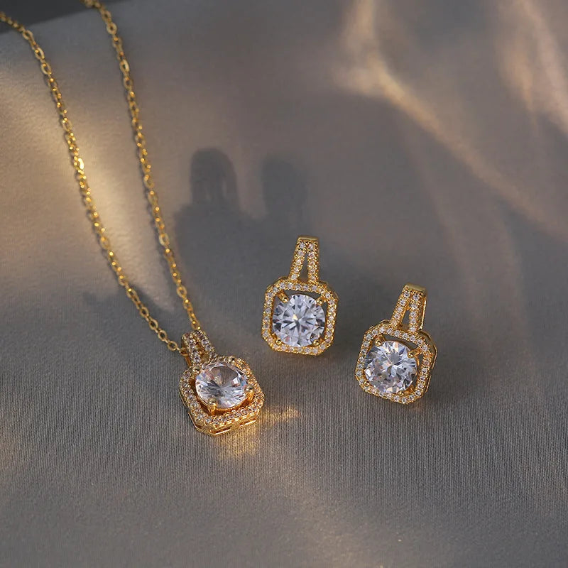 Conjunto de luxo zircão quadrado - colar, brincos, anel de jóia