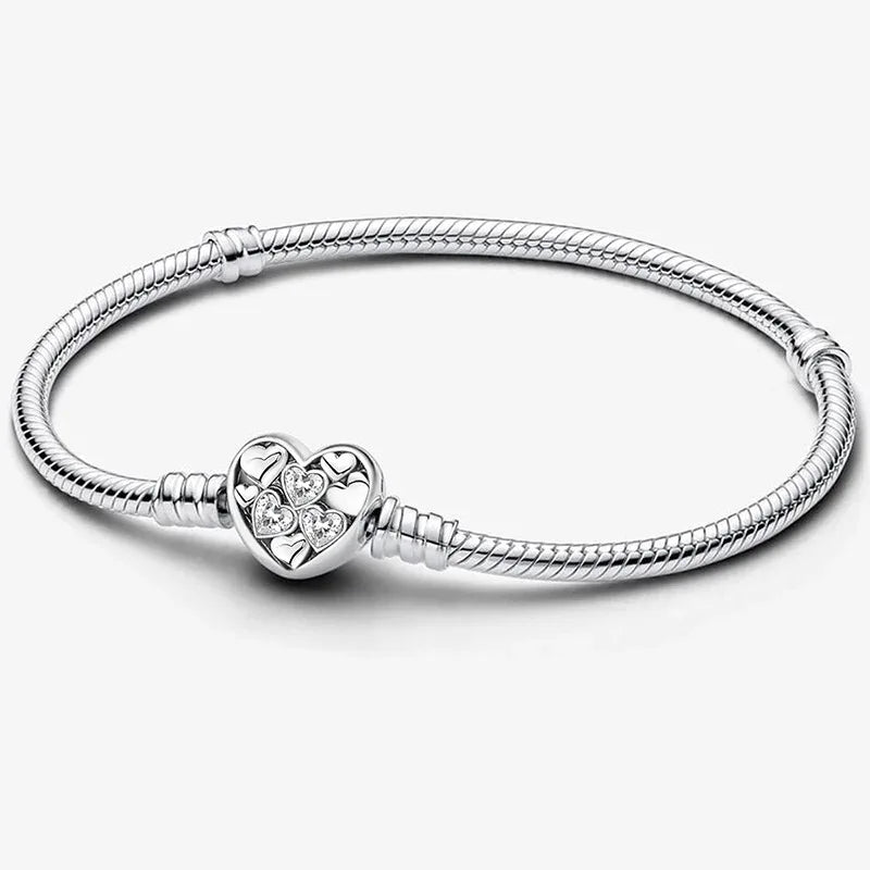 925 Sterling Silver Zircon Simple Round Love Heart Bracelet DIY Bead Making Fit Original Pandora Bracelets Fine Jewelry Gift