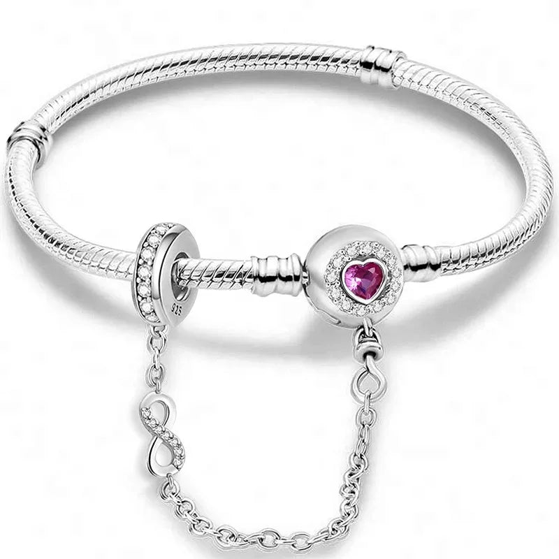 925 Sterling Silver Zircon Simple Round Love Heart Bracelet DIY Bead Making Fit Original Pandora Bracelets Fine Jewelry Gift