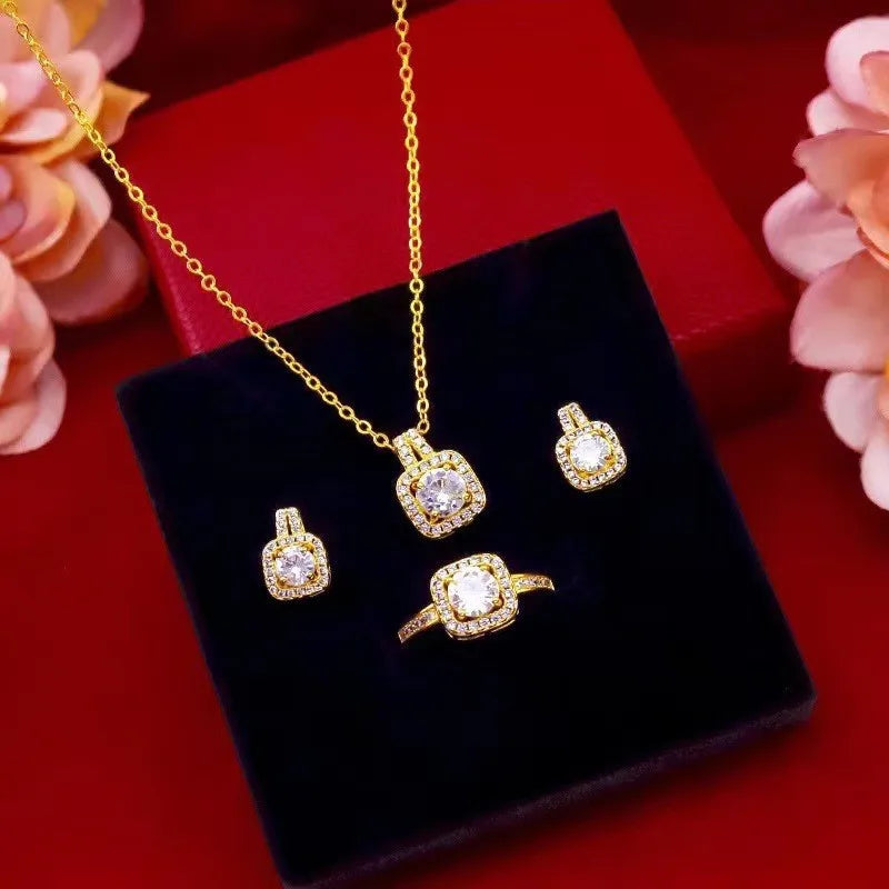 Conjunto de luxo zircão quadrado - colar, brincos, anel de jóia