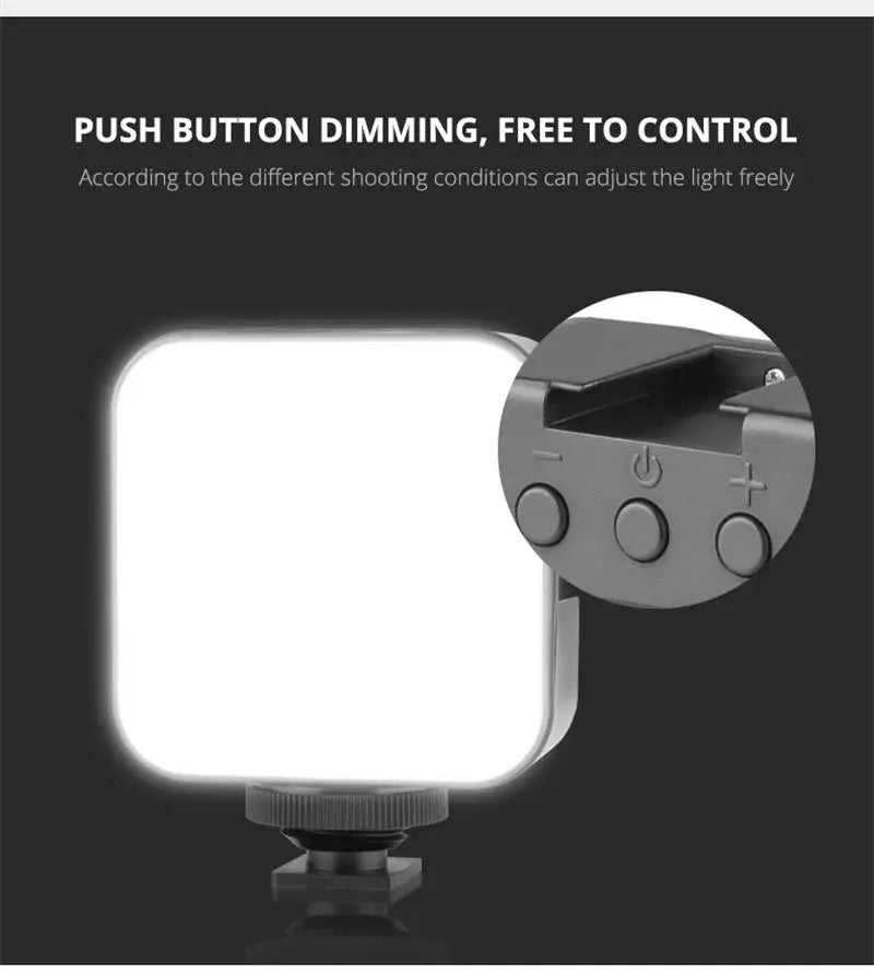 Mini luz de vídeo LED portátil para fotografia, iluminação 5W 6500K, lâmpada de enchimento para selfie e transmissão em direto com 3 sapatas frias, lâmpada para vlog