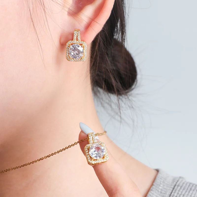Conjunto de luxo zircão quadrado - colar, brincos, anel de jóia