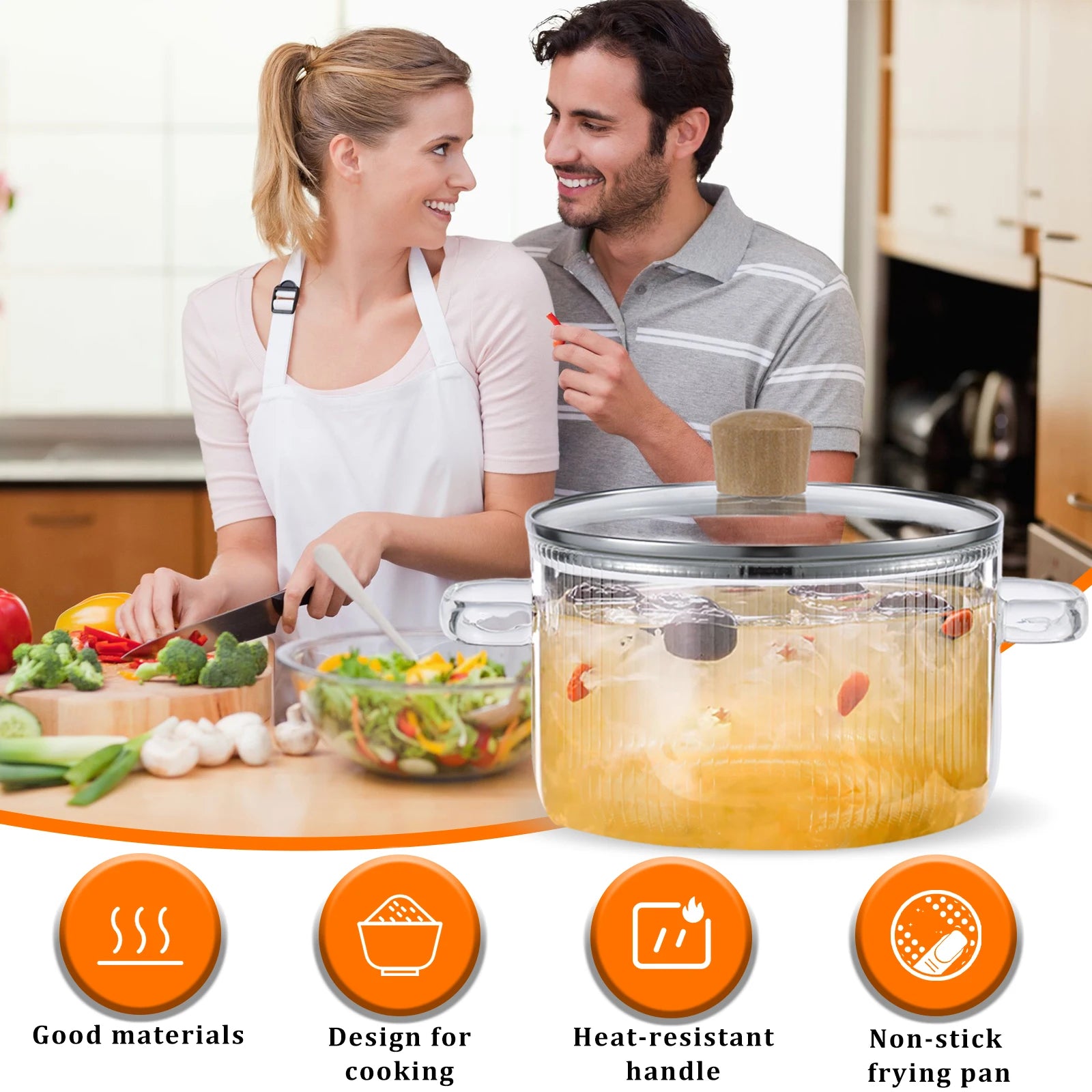 Panela de vidro Panela de cozinha clara com tampa 1.6L Panela de sopa de vidro resistente ao calor Dual Handles Panela de vidro Ferramentas de cozinha de cozinha