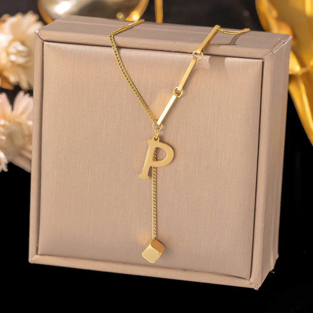 Colar de pingente de letra inicial de aço inoxidável cor dourada - corrente A-Z alfabeto 45cm