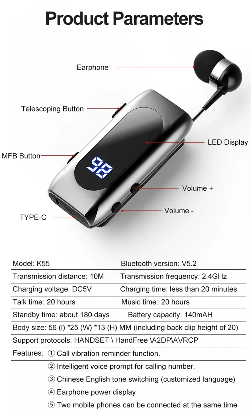 Fone de Ouvido Bluetooth K55 Lavalier – 20h de Bateria, Display LED, Microfone e Cancelamento de Ruído