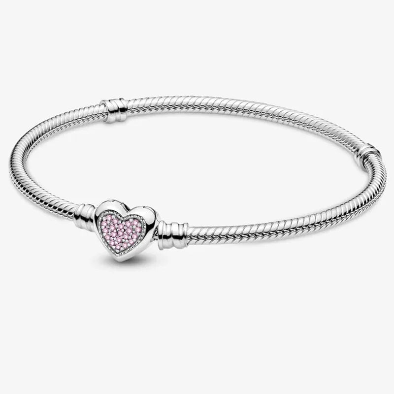 925 Sterling Silver Zircon Simple Round Love Heart Bracelet DIY Bead Making Fit Original Pandora Bracelets Fine Jewelry Gift
