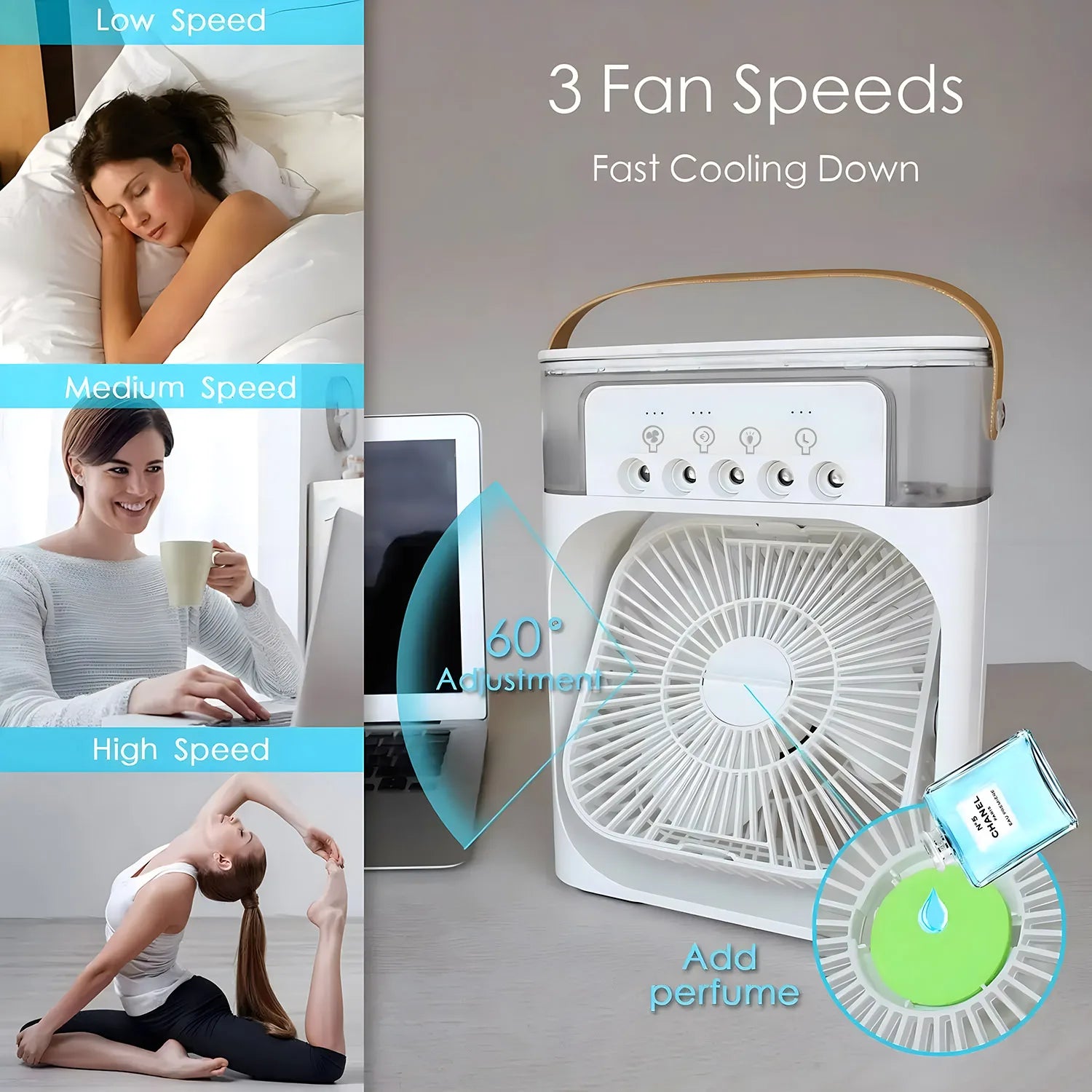 Ar Condicionado 3 em 1, Portátil com luz noturna LED, ventilador e umidificador