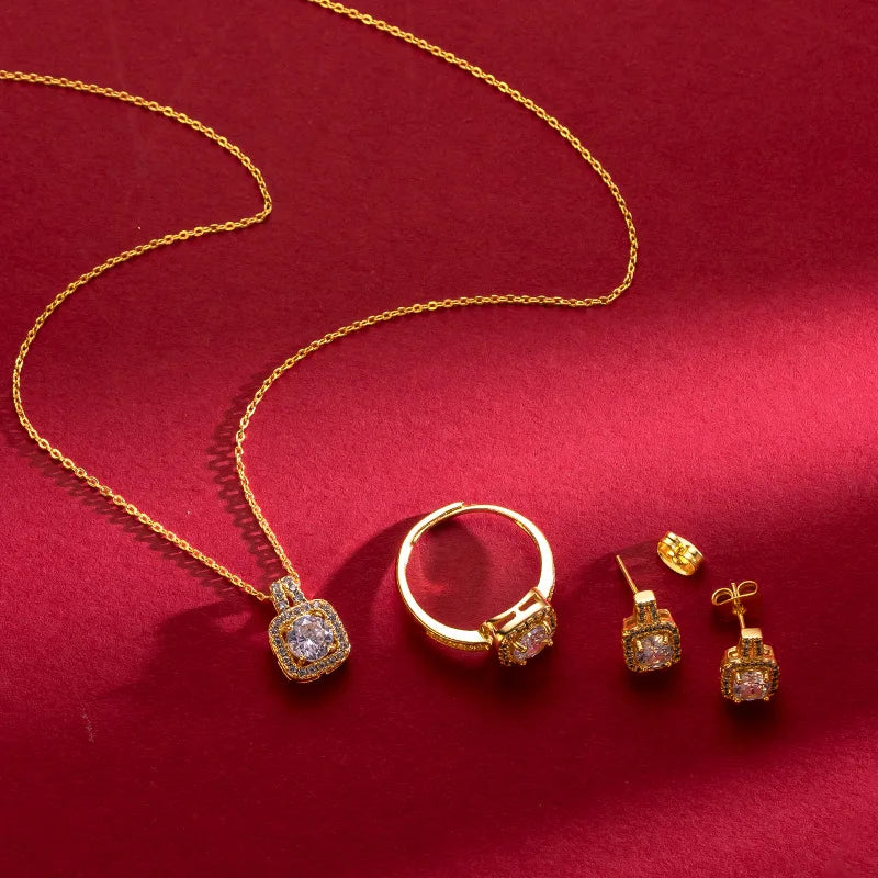 Conjunto de luxo zircão quadrado - colar, brincos, anel de jóia