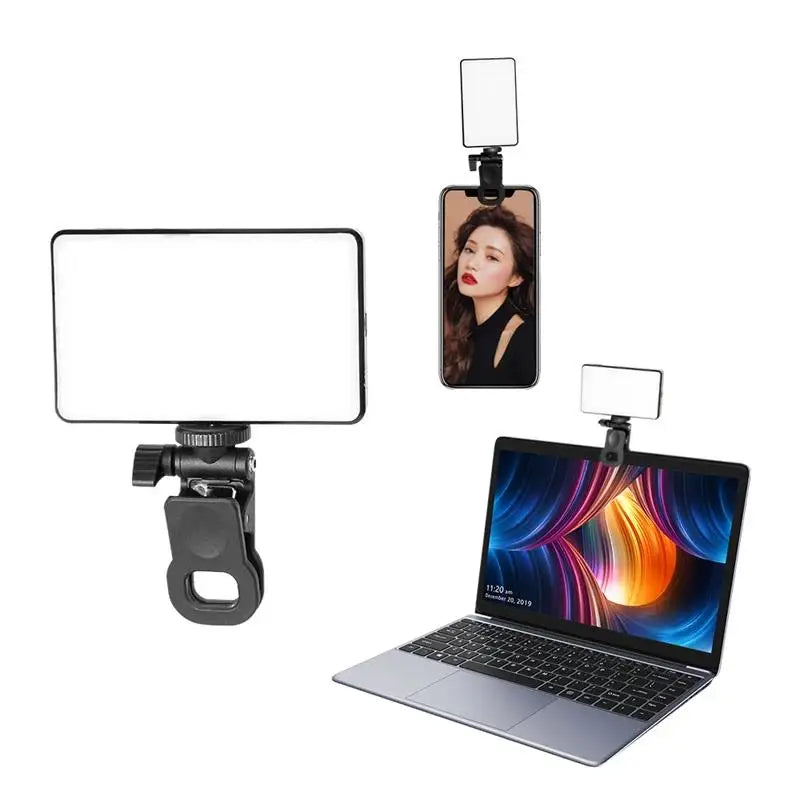 Mini luz de vídeo LED portátil para fotografia, iluminação 5W 6500K, lâmpada de enchimento para selfie e transmissão em direto com 3 sapatas frias, lâmpada para vlog