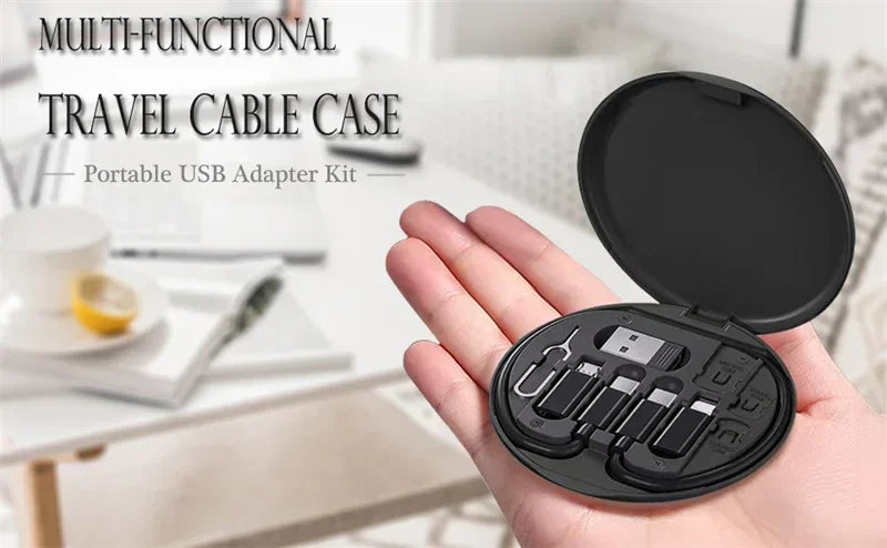 60W Type-C para USB C para Micro para Lighting Kit adaptador de cabo de carregamento rápido para iPhone 14 13 15 Pro Carregador OTG Caixa de armazenamento múltiplo