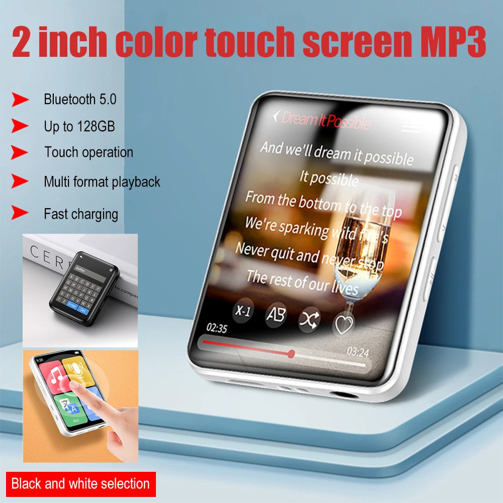 Reprodutor de mp3 portátil com tela de 2 polegadas, reprodutor de música com tela sensível ao toque BT 5.0 com alto-falantes e suporte para gravação de rádio FM e-book
