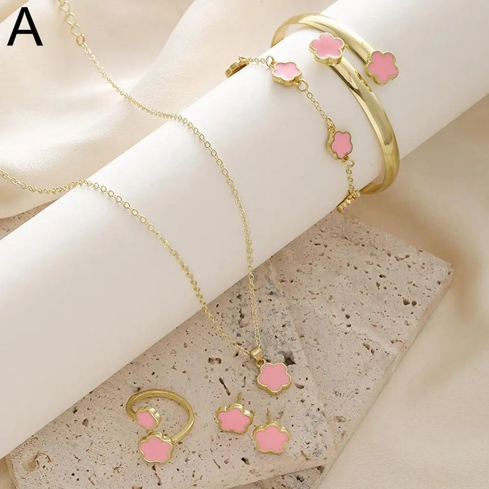 5 peças/set conjuntos de jóias - flor, ameixa, planta cinco folhas - brincos, anéis, pulseira, colar