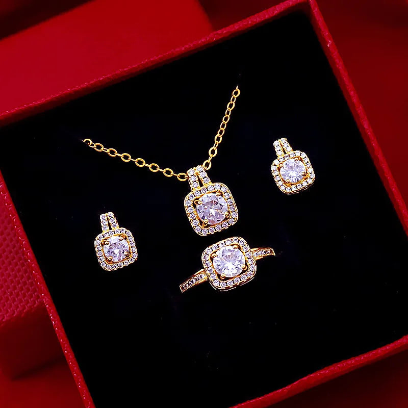 Conjunto de luxo zircão quadrado - colar, brincos, anel de jóia