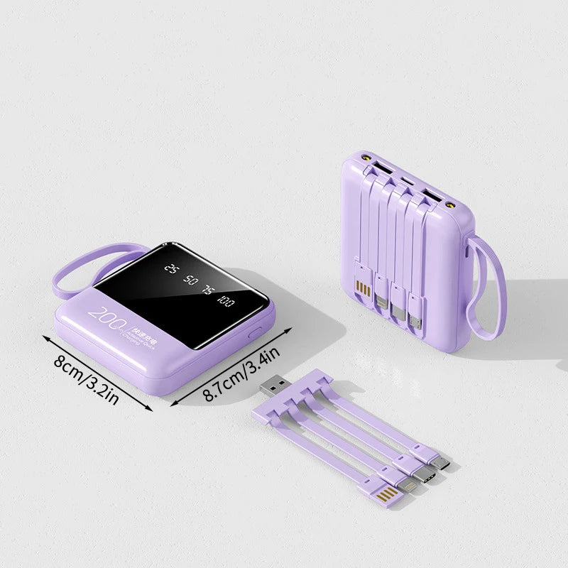 Mini Power Bank 20000mAh com Cabos Embutidos, Display Digital e Luz LED